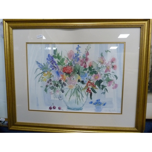 50 - Pencil signed engraving of a church, a watercolour of flowers and three other pictures.  (5)