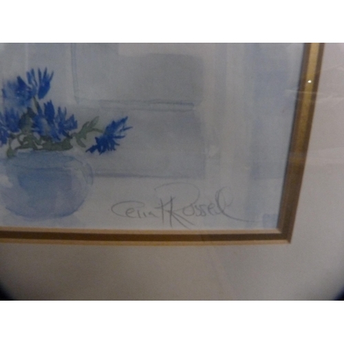 50 - Pencil signed engraving of a church, a watercolour of flowers and three other pictures.  (5)