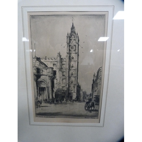 50 - Pencil signed engraving of a church, a watercolour of flowers and three other pictures.  (5)