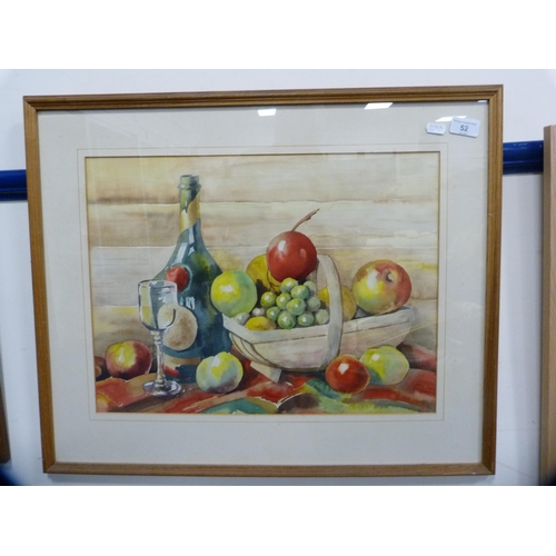 52 - 20th Century SchoolStill life of fruit and wineWatercolour, 36cm x 48cm, another of a house by a pon... 