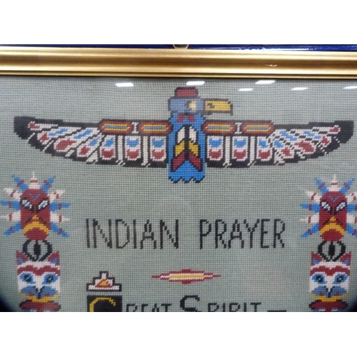 53 - Indian Prayer, framed needlework.