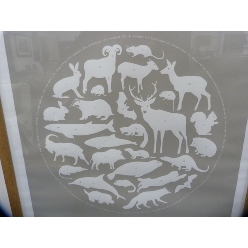 59 - Framed poster, 'Mammals Around Britain' and a framed needlework.  (2)