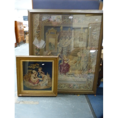 62 - Large framed needlework depicting four ladies in a chamber, 100cm x 80cm, and another of three child... 