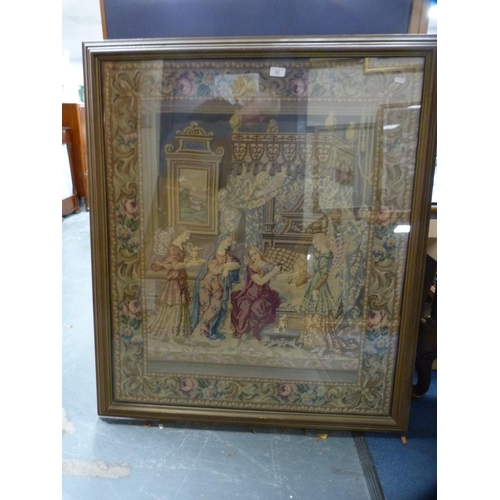 62 - Large framed needlework depicting four ladies in a chamber, 100cm x 80cm, and another of three child... 