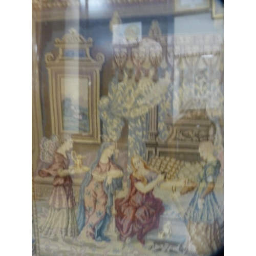 62 - Large framed needlework depicting four ladies in a chamber, 100cm x 80cm, and another of three child... 