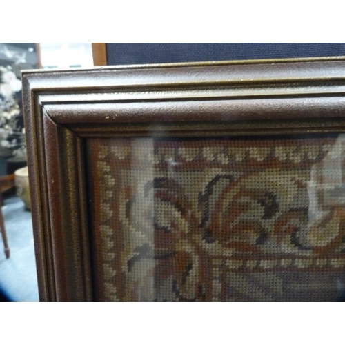 62 - Large framed needlework depicting four ladies in a chamber, 100cm x 80cm, and another of three child... 