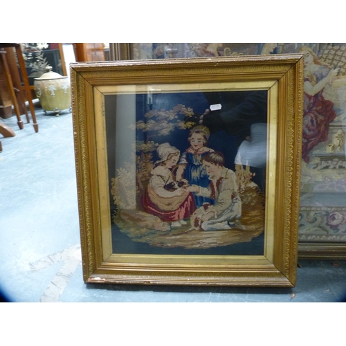 62 - Large framed needlework depicting four ladies in a chamber, 100cm x 80cm, and another of three child... 