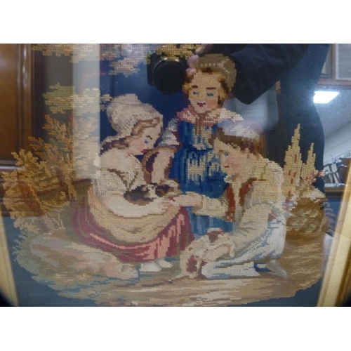 62 - Large framed needlework depicting four ladies in a chamber, 100cm x 80cm, and another of three child... 