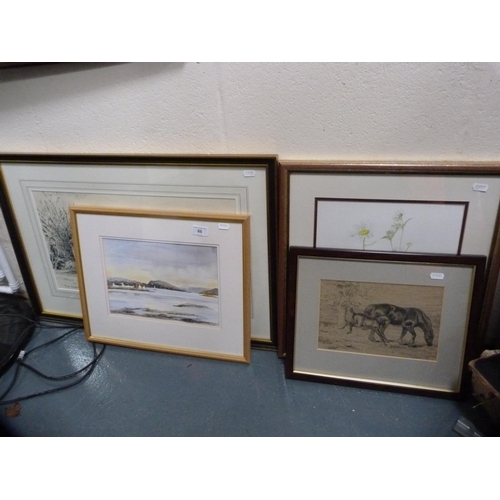 66 - Group of pictures to include a watercolour of Plockton Bay by Margaret S Gillie, horses, still life ... 