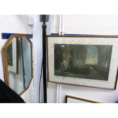 68 - Inlaid mahogany octagonal wall mirror and a pencil signed print of a church interior.