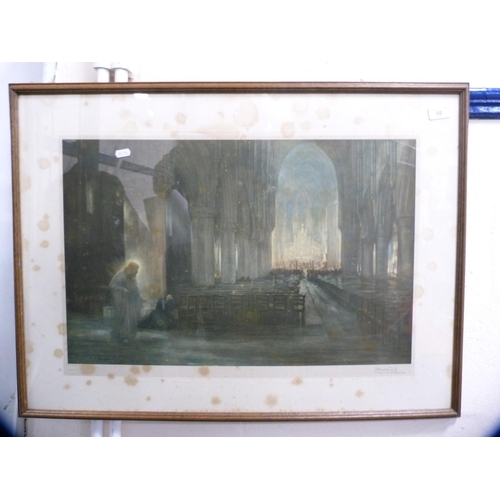 68 - Inlaid mahogany octagonal wall mirror and a pencil signed print of a church interior.