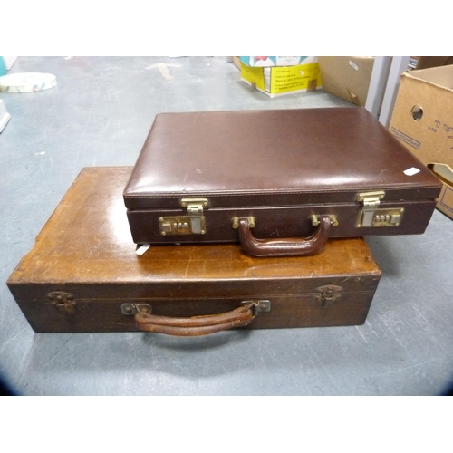 74 - Two leather briefcases, filing case, also various tools, handles etc.