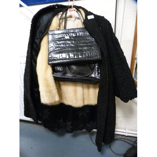 85 - Fur jacket, another coat, and two handbags.