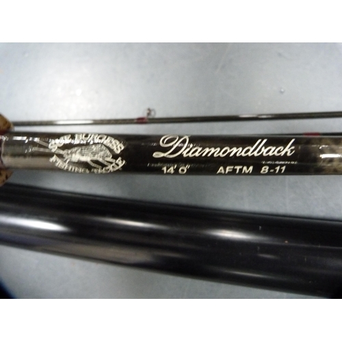 90 - Sue Burgess Diamondback 14ft three-piece carbon fly rod.