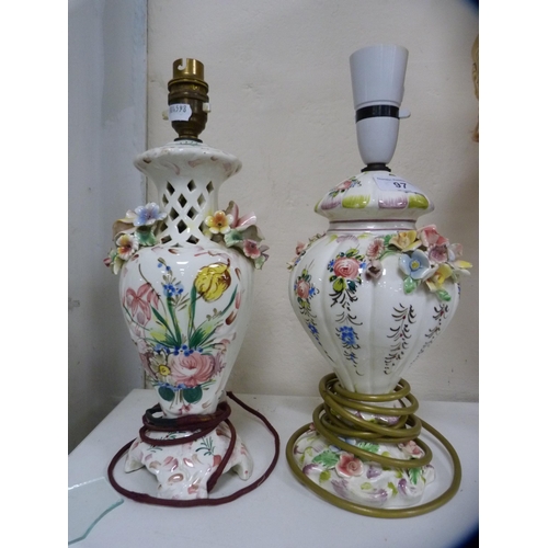 97 - Pair of Capodimonte-style floral encrusted table lamps.