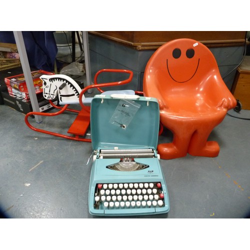 477 - Smith's Corona typewriter, child's Mr Men seat and a rocking horse.