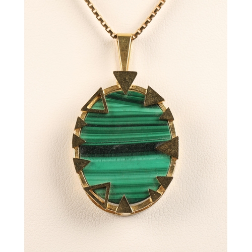 52 - 9ct gold mounted malachite pendant on a 9 ct gold chain.total weight 10.3 grams