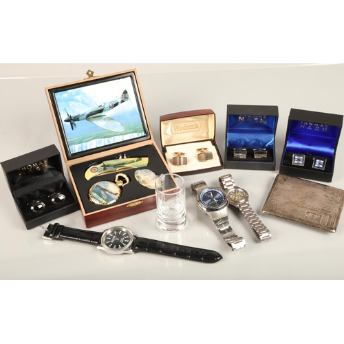 77 - Assorted gents' wristwatches, pocket watch, cufflinks and cigarette case