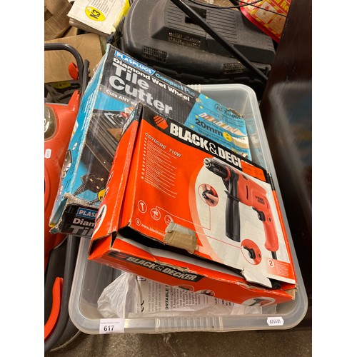 617 - Box of assorted tools including tile cutter, hammer drill, jigsaw, etc