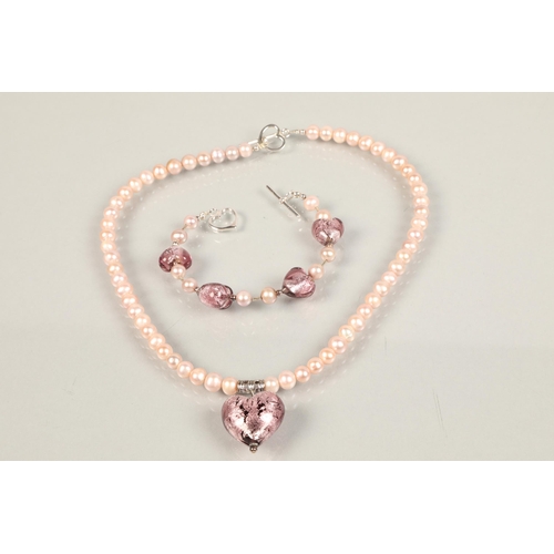 97 - Lily Blanche pink pearl necklace with pink heart, matching bracelet, Arran bay pearl necklace and br... 