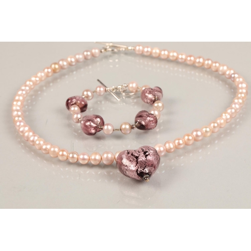 97 - Lily Blanche pink pearl necklace with pink heart, matching bracelet, Arran bay pearl necklace and br... 