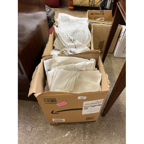 624 - Two boxes of assorted lace, fabrics, etc