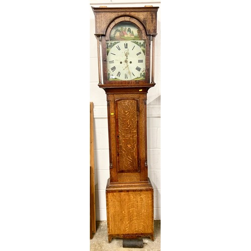 637 - Antique mahogany grandfather clock, minor crack to face glass, face depicts rural scene - possibly a... 