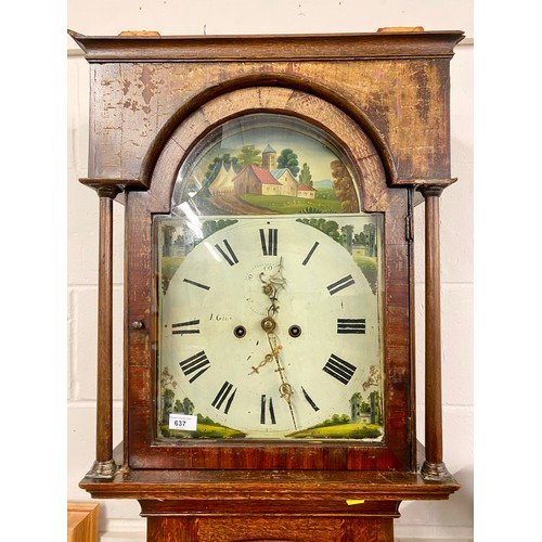 637 - Antique mahogany grandfather clock, minor crack to face glass, face depicts rural scene - possibly a... 