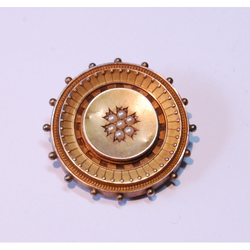 91 - Victorian 15ct gold circular brooch with pearl centre, Chester 1890, 12g gross.