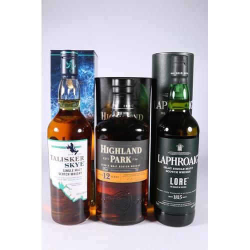 334 - Three bottles of Island single malt Scotch whisky to include LAPHRAOIG Lore 70cl 48% abv. boxed, TAL... 