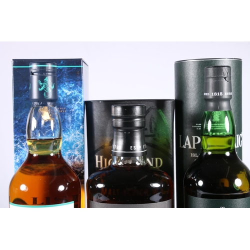 334 - Three bottles of Island single malt Scotch whisky to include LAPHRAOIG Lore 70cl 48% abv. boxed, TAL... 