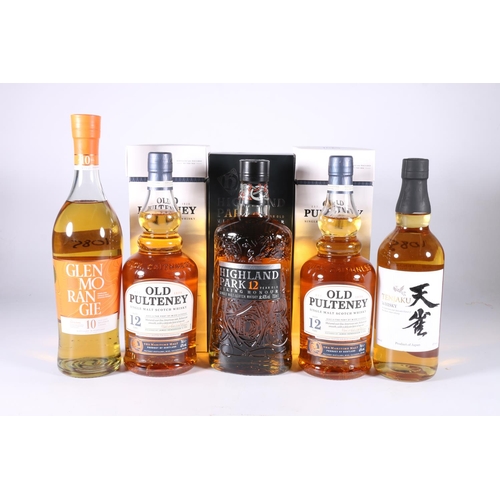 374 - Five bottles of whisky to include TENJAKU Japanese blended whisky 70cl 40% abv. GLENMORANGIE 10 year... 