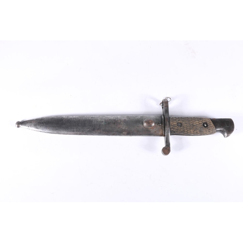 834 - German style bayonet, the fullered blade with ricasso markings rubbed, hatched wood grip, scabbard w... 