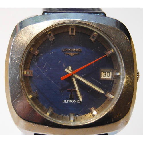 133 - Longines Ultronic gent's antimagnetic wristwatch, c. 1970s, in stainless steel case with blue dial, ... 