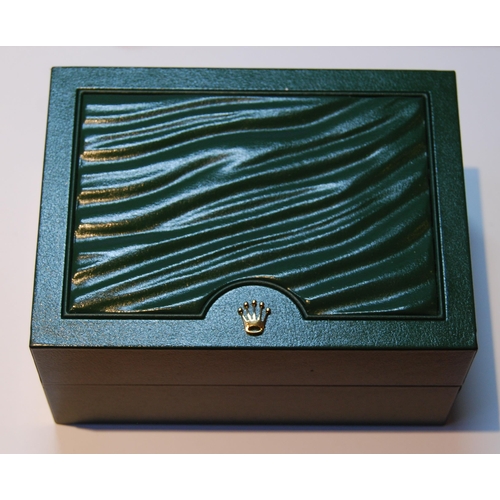 136 - Rolex green tooled watch box with gilt crown emblem to the top of the box, marked Rolex to the fitte... 