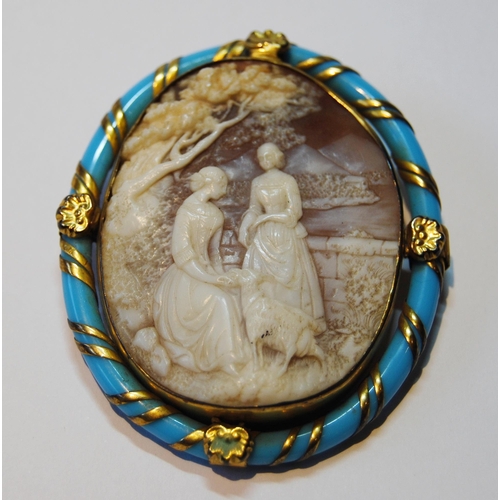 87 - Victorian turquoise cameo brooch with oval turquoise band to the outer, rolled gold decoration, carv... 