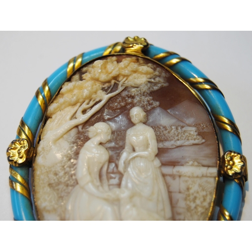 87 - Victorian turquoise cameo brooch with oval turquoise band to the outer, rolled gold decoration, carv... 