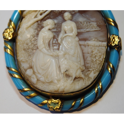 87 - Victorian turquoise cameo brooch with oval turquoise band to the outer, rolled gold decoration, carv... 