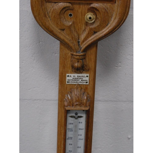 173 - Antique carved oak stick barometer with Prince of Wales feathers surmount above acanthus appliques, ... 