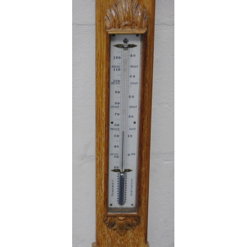 173 - Antique carved oak stick barometer with Prince of Wales feathers surmount above acanthus appliques, ... 