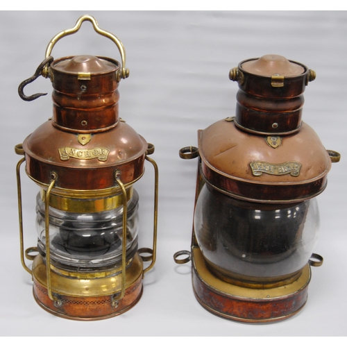 185 - Four copper and brass ship's lamps, for port, starboard, masthead and anchor, all with brass carry h... 