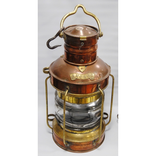 185 - Four copper and brass ship's lamps, for port, starboard, masthead and anchor, all with brass carry h... 