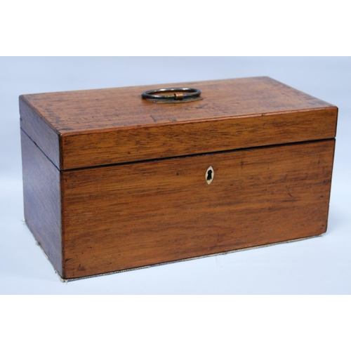 317 - George III rectangular mahogany tea caddy containing fitted boxwood-lined compartments, with carry h... 