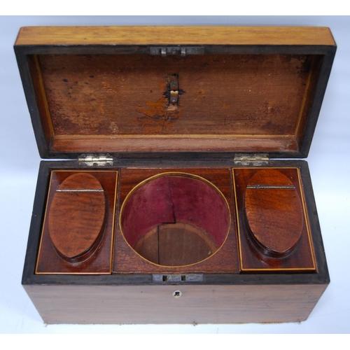 317 - George III rectangular mahogany tea caddy containing fitted boxwood-lined compartments, with carry h... 