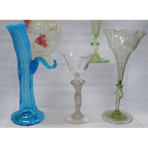 229 - Group of decorative glass to include a Loetz-style iridescent green glass vase with frilly rim, simi... 