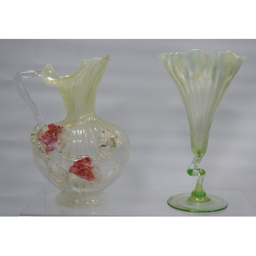 229 - Group of decorative glass to include a Loetz-style iridescent green glass vase with frilly rim, simi... 