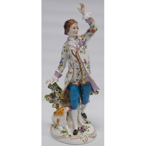 210 - Pair of continental Meissen-style porcelain figures modelled as a gallant male and a female holding ... 