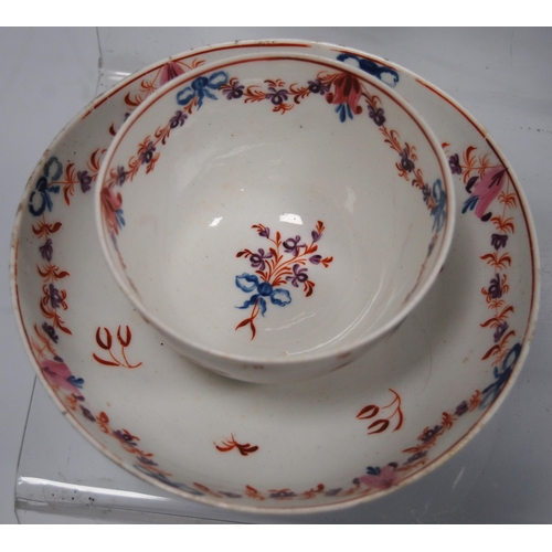 211 - Two 18th century porcelain tea bowls and saucers, probably by New Hall, decorated with hand-painted ... 