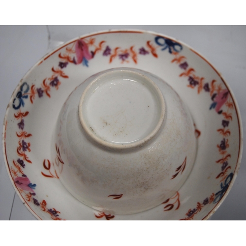 211 - Two 18th century porcelain tea bowls and saucers, probably by New Hall, decorated with hand-painted ... 