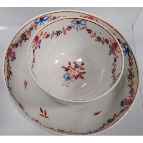 211 - Two 18th century porcelain tea bowls and saucers, probably by New Hall, decorated with hand-painted ... 